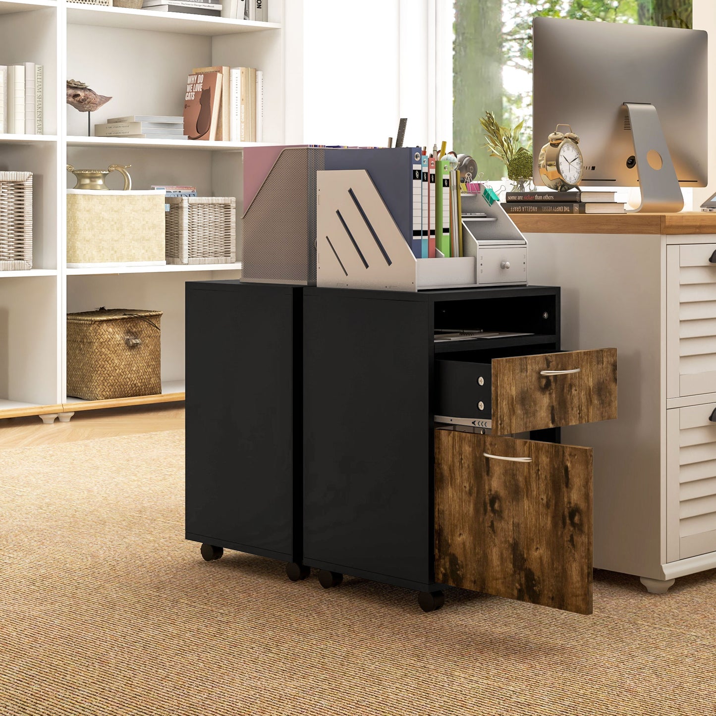 60cm Filing Cabinet with Drawers and Open Shelf, Rustic Brown