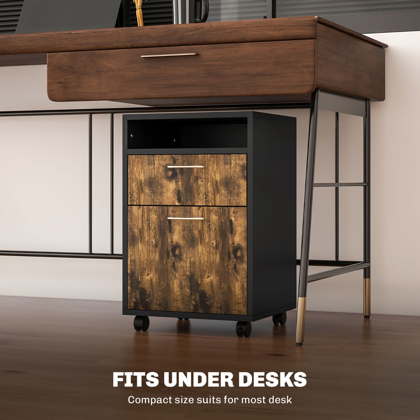 60cm Filing Cabinet with Drawers and Open Shelf, Rustic Brown
