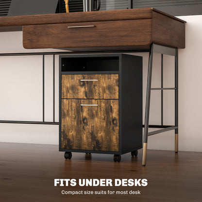60cm Filing Cabinet with Drawers and Open Shelf, Rustic Brown