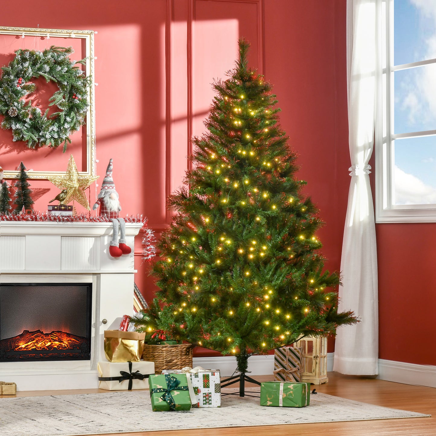 6ft Pre-Lit Christmas Tree Artificial Spruce Xmas Tree Warm White LED Holiday Décor with Metal Stand