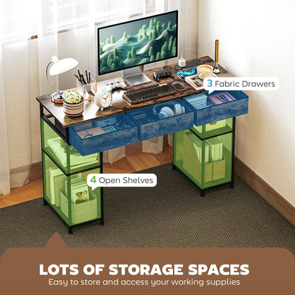 Computer Writing Desk with Power Outlets, Drawers, Shelves, Brown