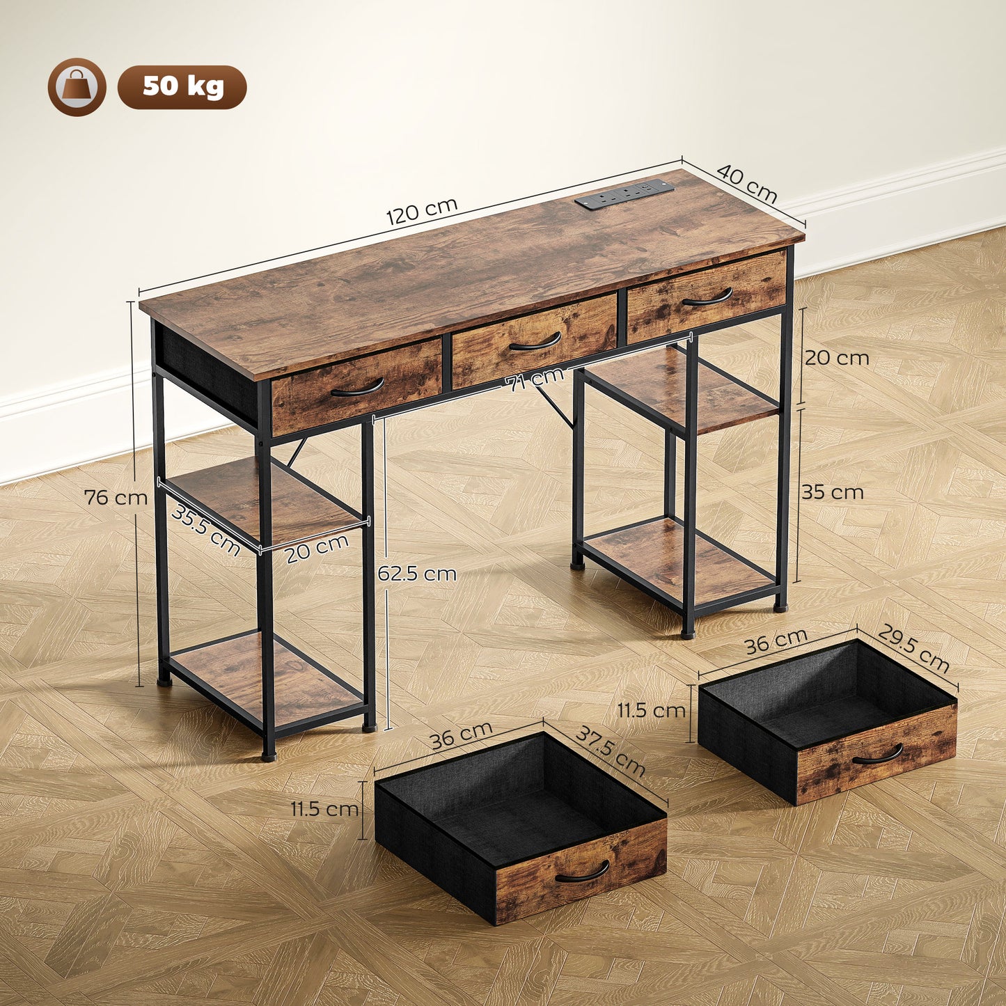 Computer Writing Desk with Power Outlets, Drawers, Shelves, Brown