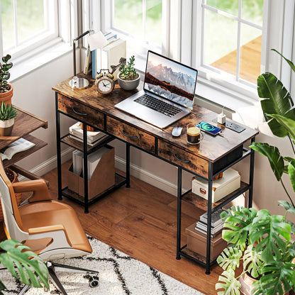 Computer Writing Desk with Power Outlets, Drawers, Shelves, Brown