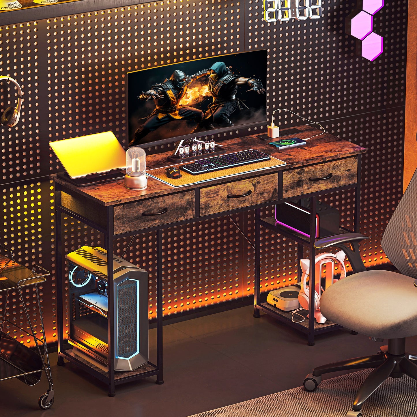 Computer Writing Desk with Power Outlets, Drawers, Shelves, Brown