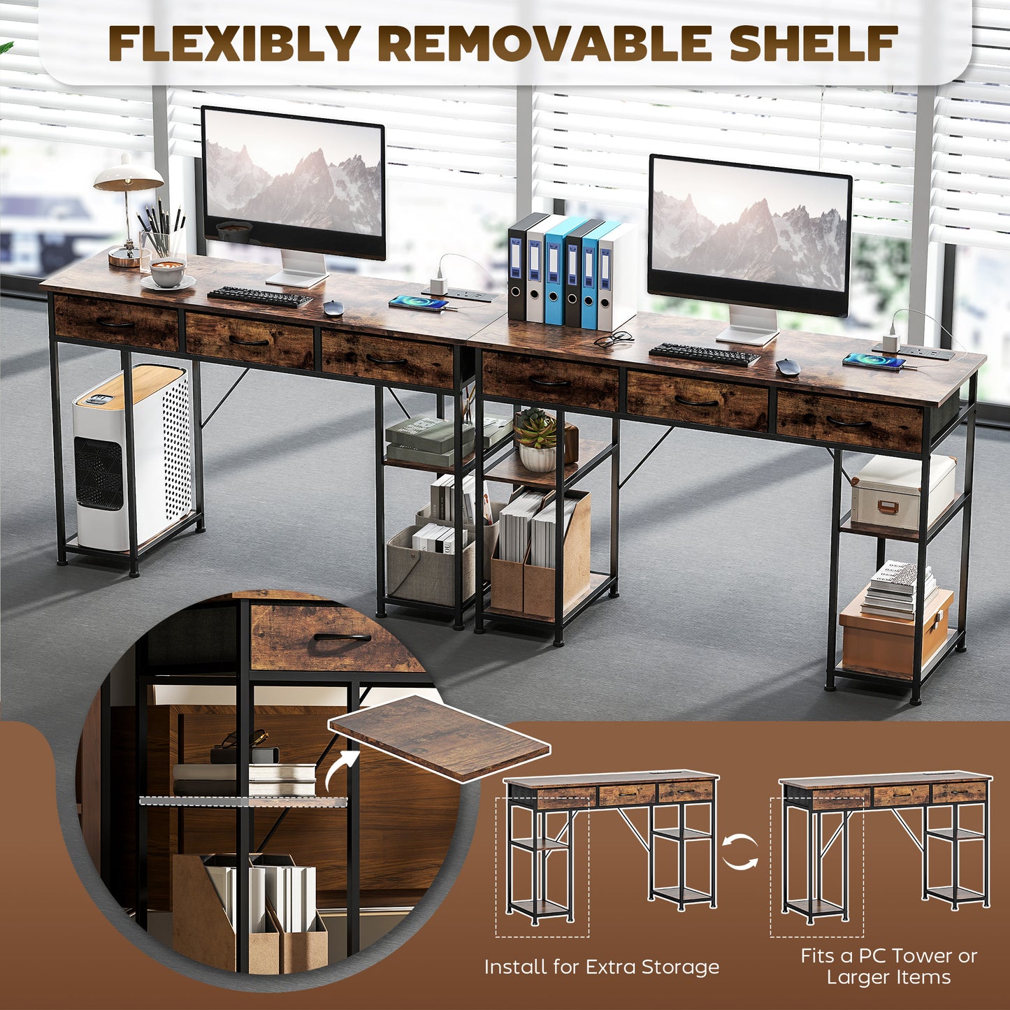 Computer Writing Desk with Power Outlets, Drawers, Shelves, Brown