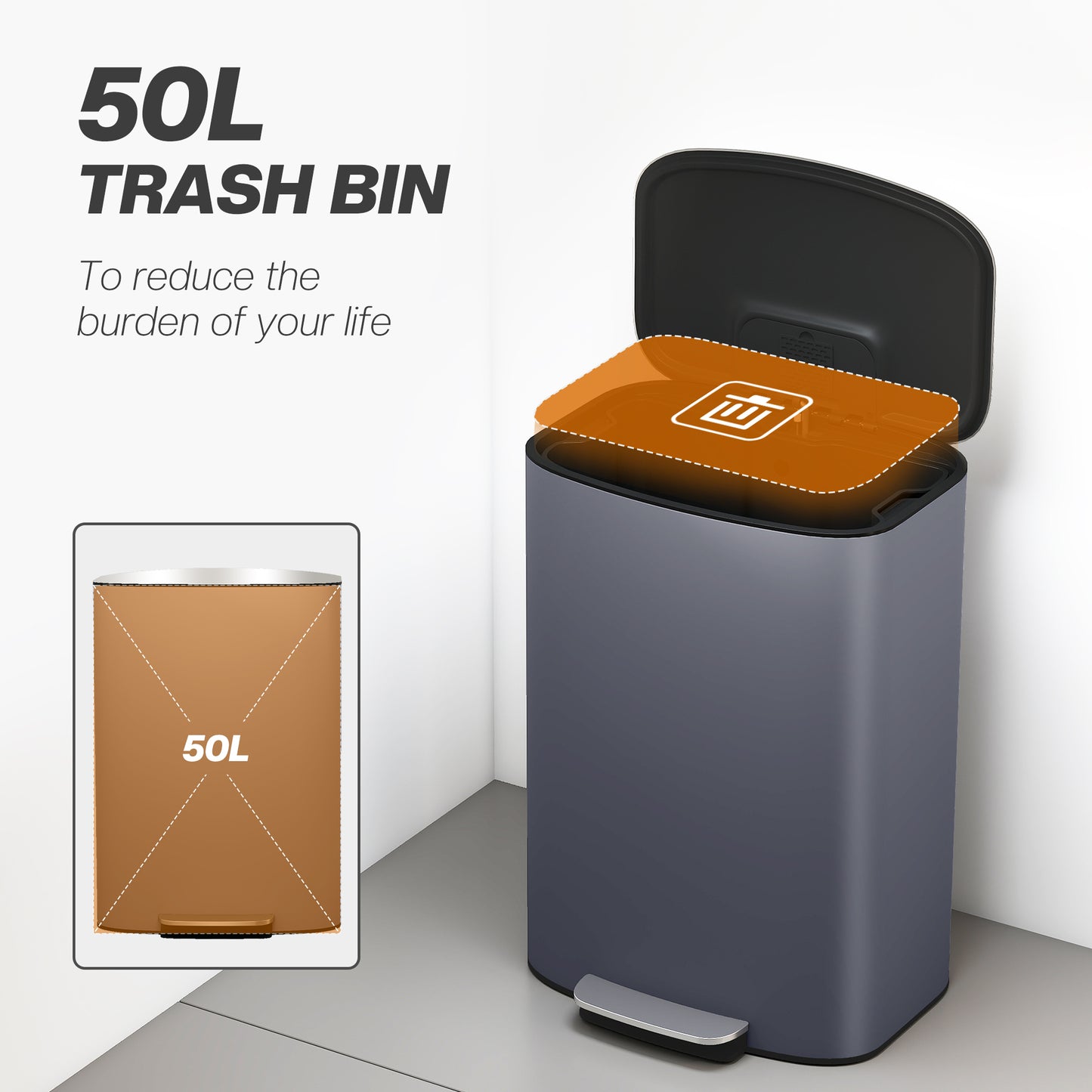 Pedal Bin with Soft-Close Lid, 50L Kitchen Bin with Carry Handle Grey