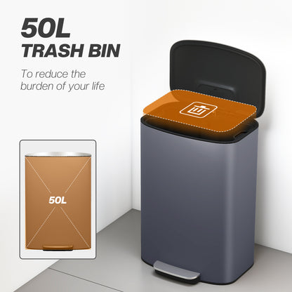 Pedal Bin with Soft-Close Lid, 50L Kitchen Bin with Carry Handle Grey