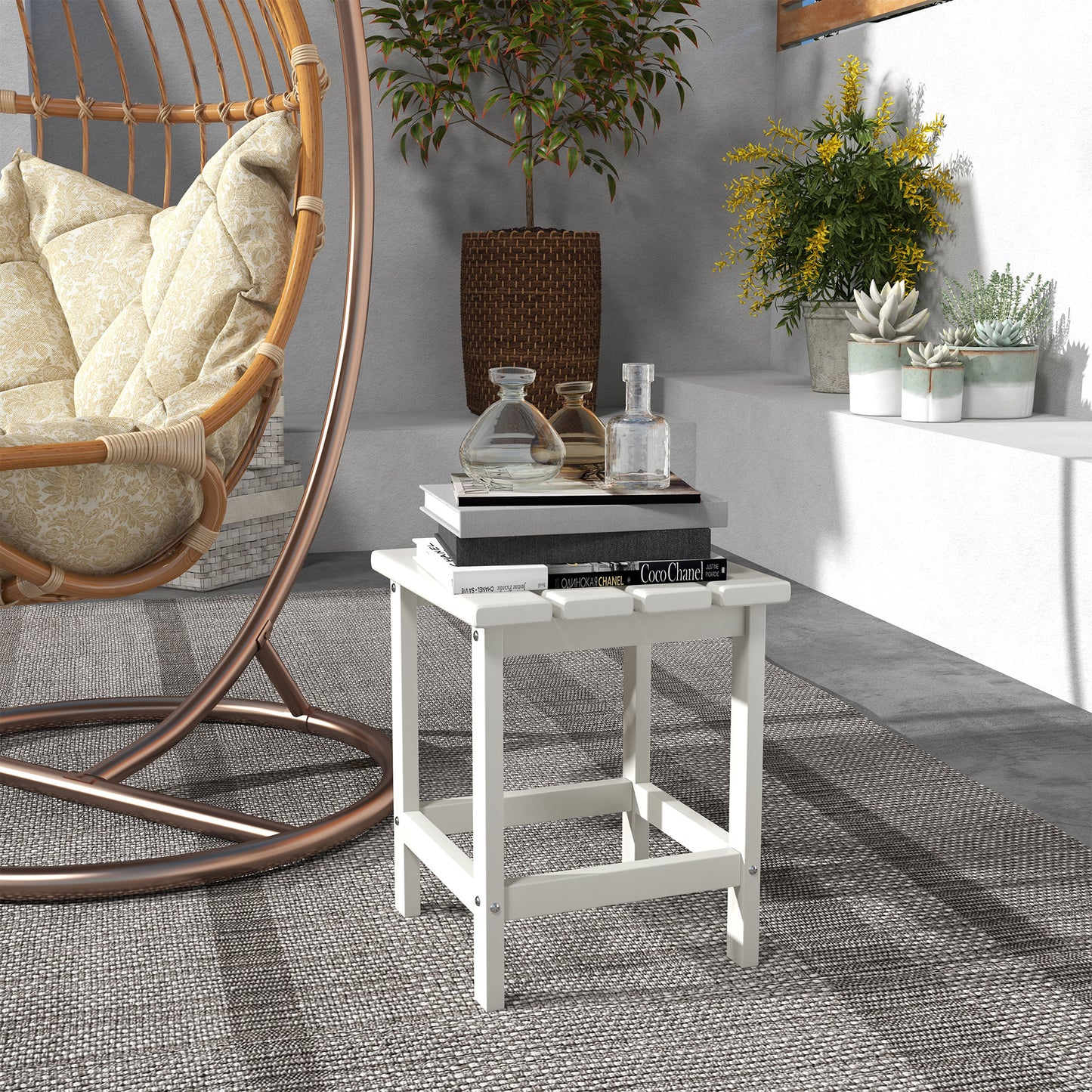 Square Coffee Table, HDPE Side Table for Porch, Garden, White