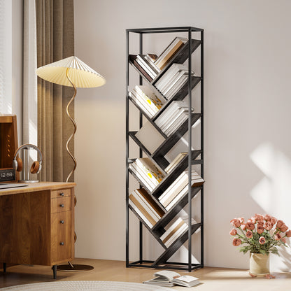 10 Tier Tree Bookshelf Industrial Tall Bookcase Grey Black