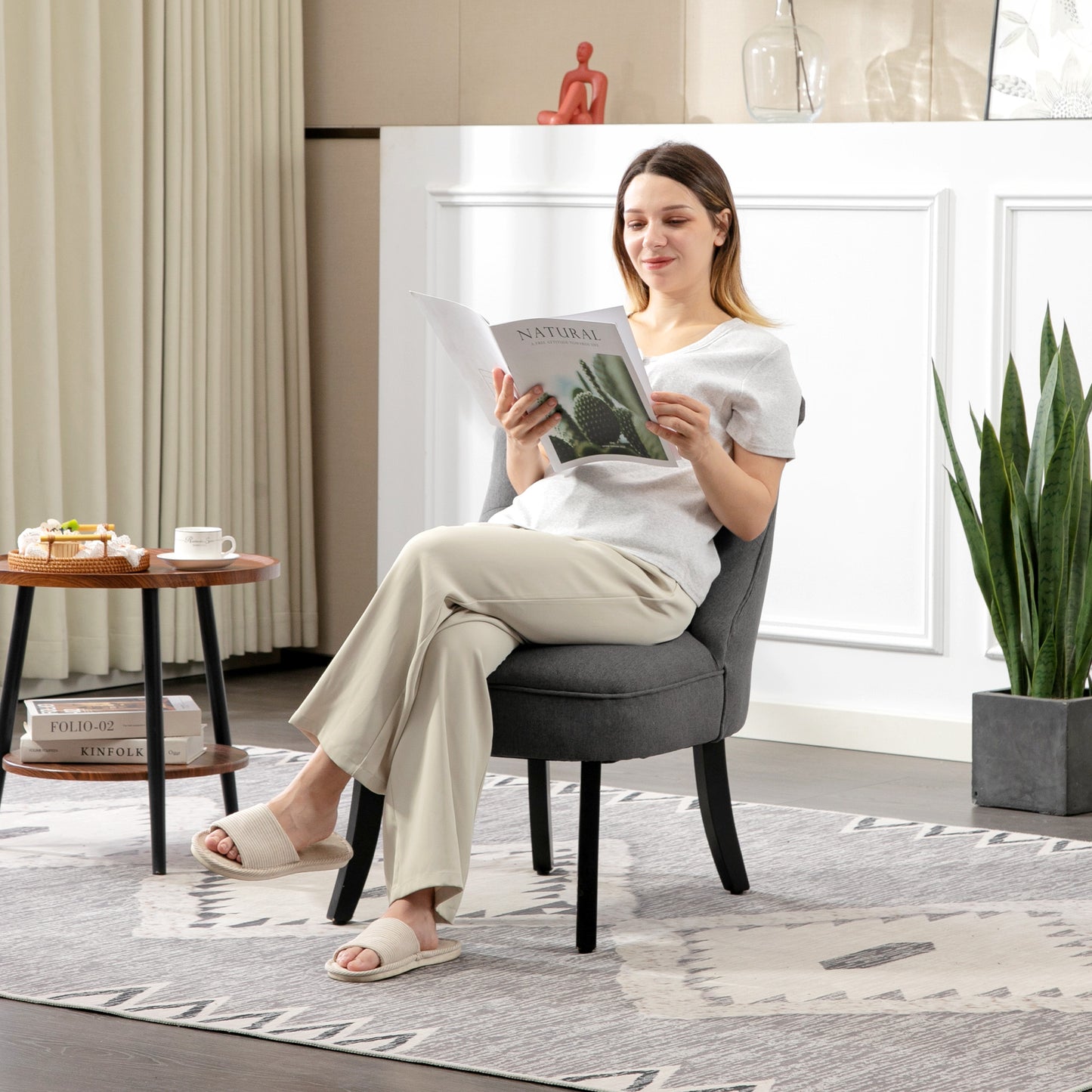 Fabric Single Sofa Upholstered with Pillow Wood Leg Charcoal Grey