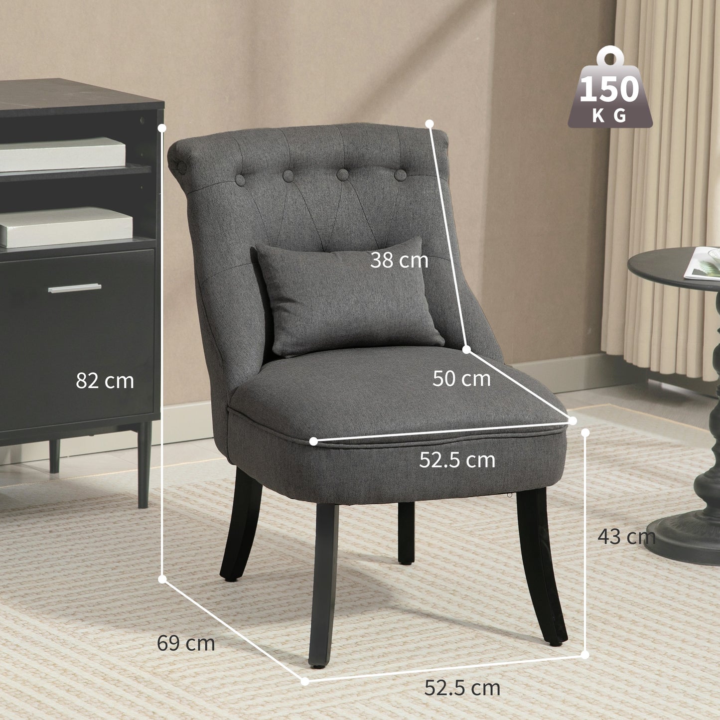 Fabric Single Sofa Upholstered with Pillow Wood Leg Charcoal Grey