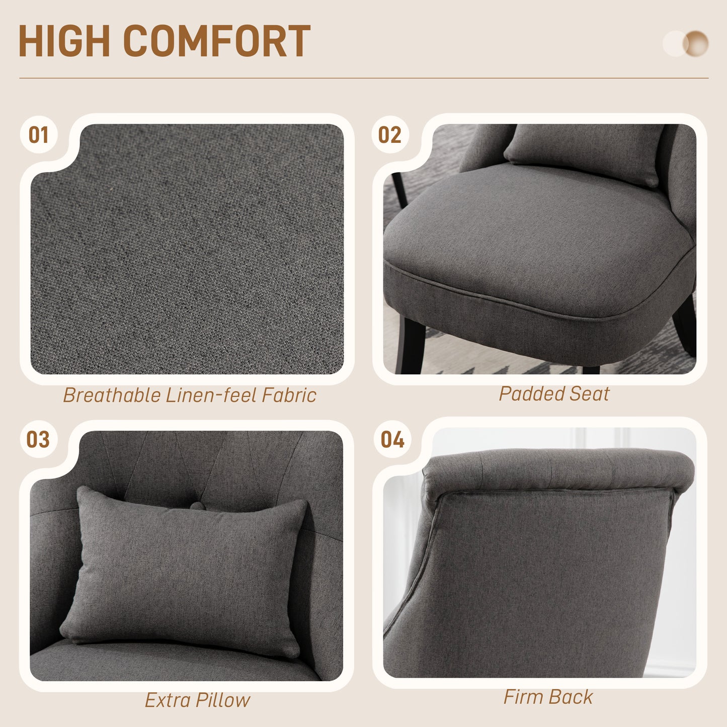 Fabric Single Sofa Upholstered with Pillow Wood Leg Charcoal Grey