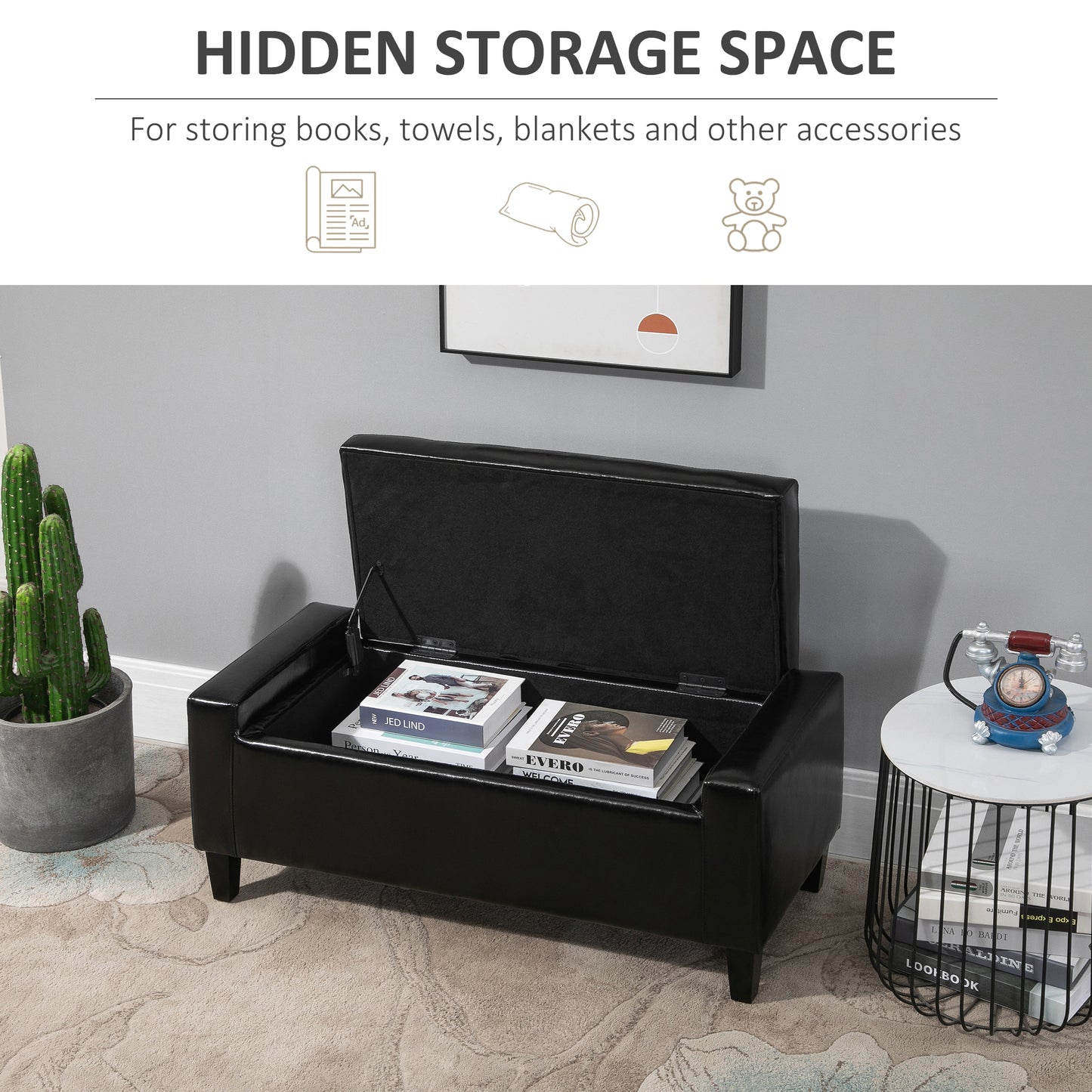 40x90cm PU Leather Storage Ottoman Bench Wood Frame w/ Tufting Feet Black
