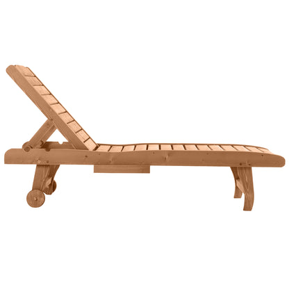 Outdoor Wooden Lounger Chair, Sun Bed with Built-In Table, Adjustable Backrest and Wheels, Red Brown
