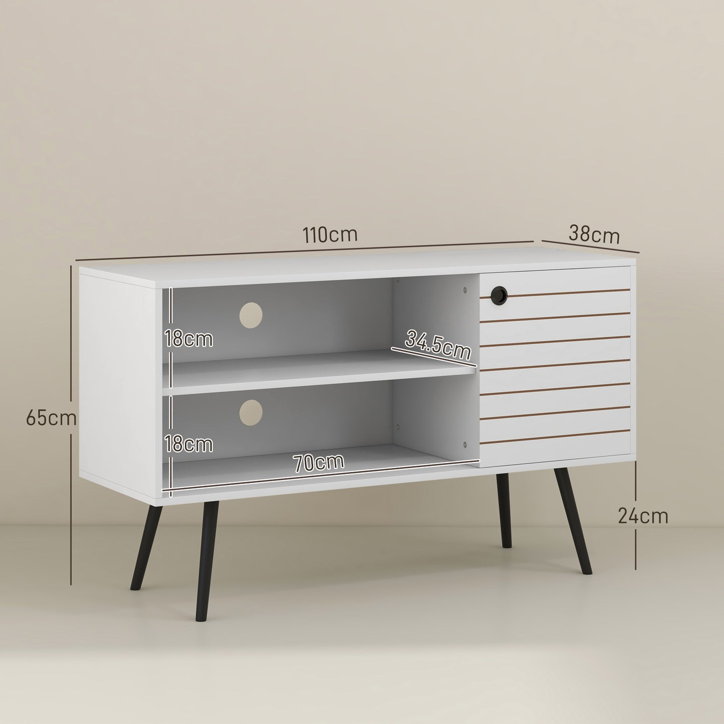 TV Unit for 50" TVs with 2 Open Shelves, Door and 2 Cable Holes, White