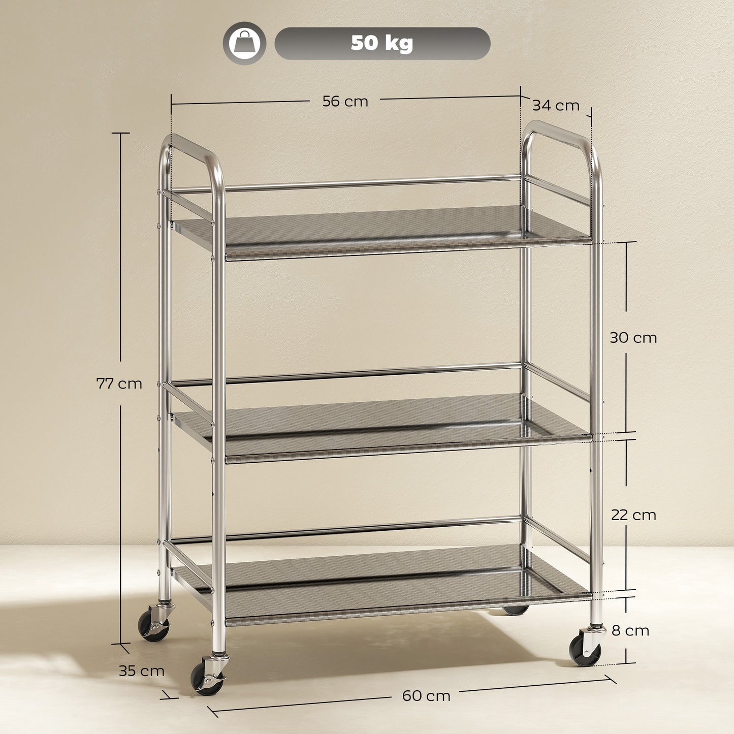 3 Tier Kitchen Trolley on Wheels Serving Cart with Handles Silver