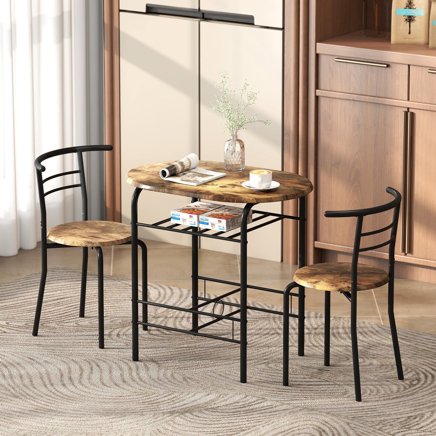 Breakfast Bar Table and Stools Set, Dining Room Set with Shelf