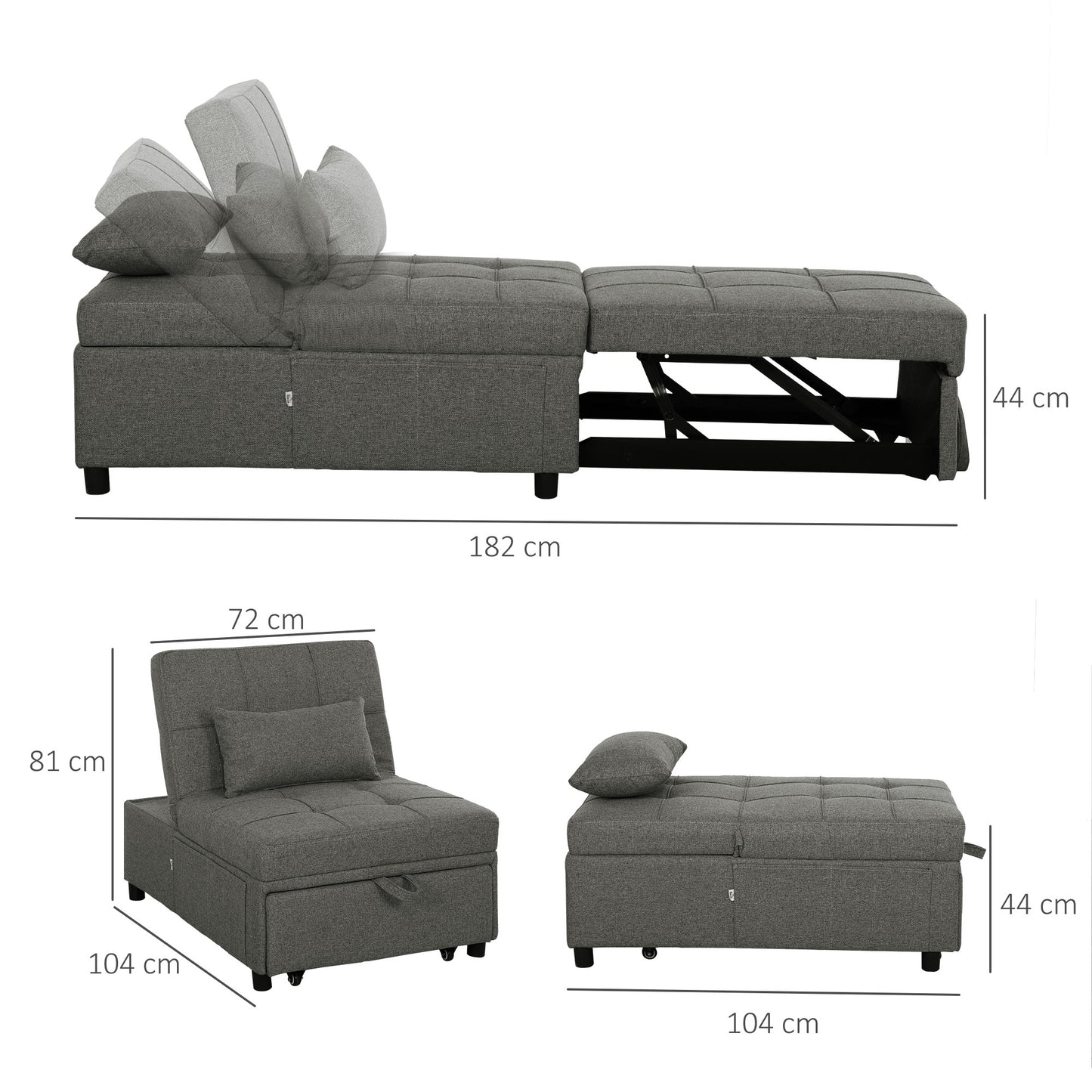 4-in-1 Pull Out Sleeper Chair Bed with Pockets, Charcoal Grey