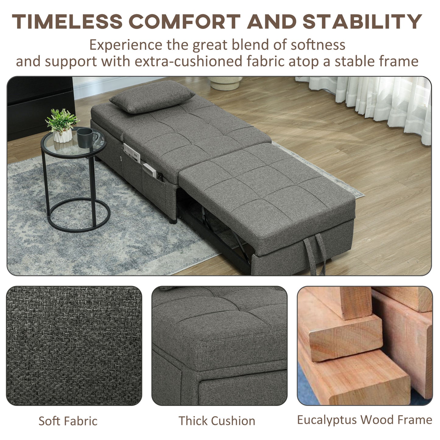 4-in-1 Pull Out Sleeper Chair Bed with Pockets, Charcoal Grey