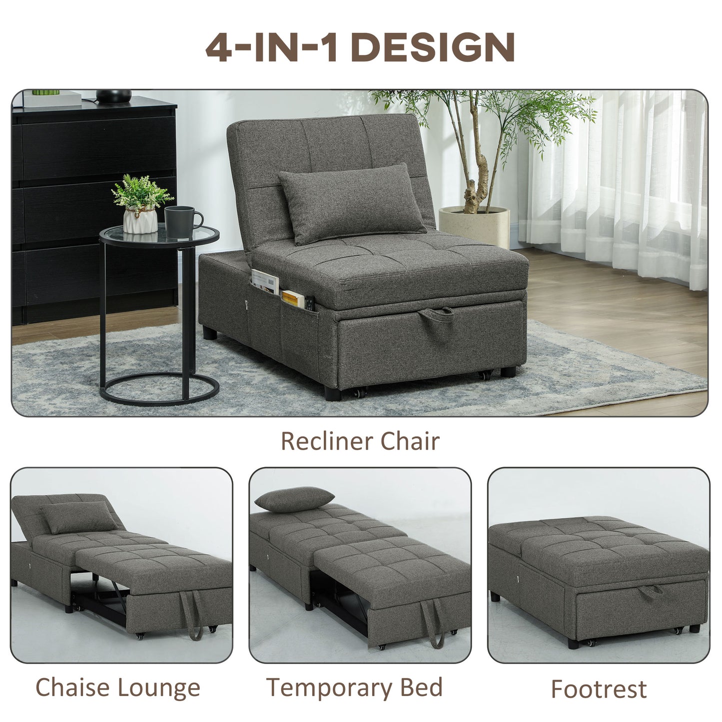 4-in-1 Pull Out Sleeper Chair Bed with Pockets, Charcoal Grey