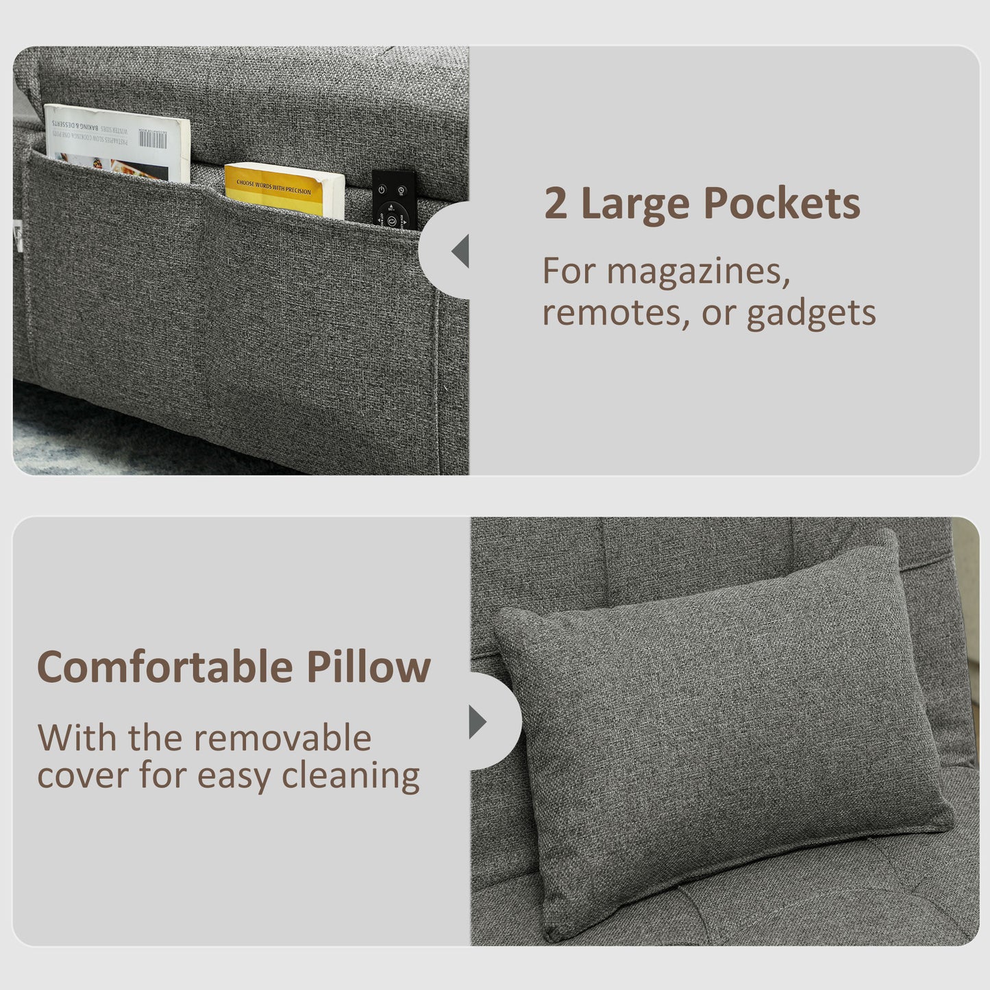 4-in-1 Pull Out Sleeper Chair Bed with Pockets, Charcoal Grey