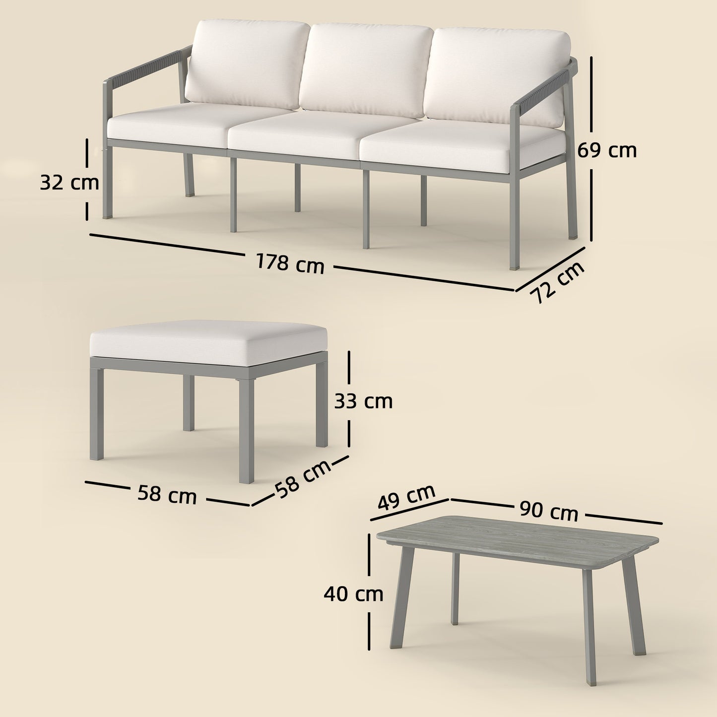 3 Piece Garden Dining Set, Outdoor Patio Furniture, Grey
