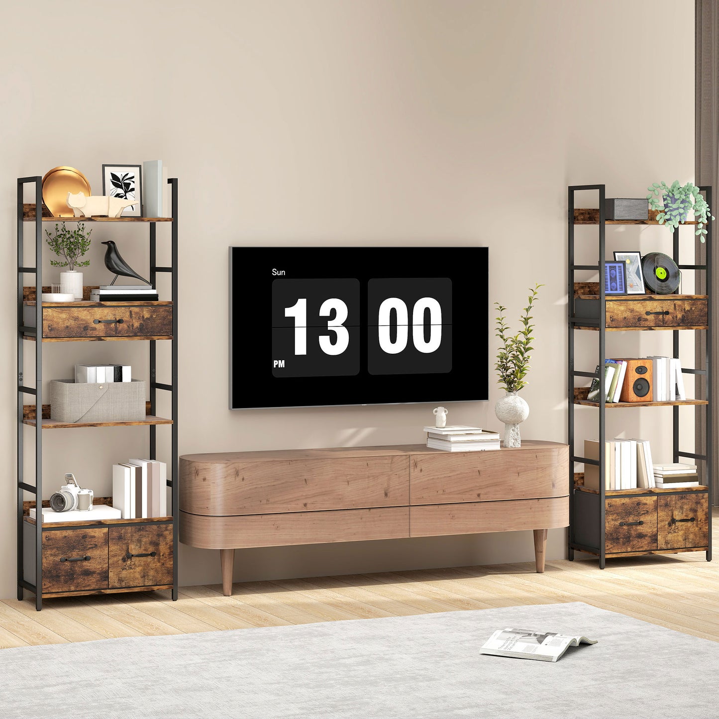 Industrial Bookshelf with 4 Shelves and 3 Fabric Drawers Rustic Brown