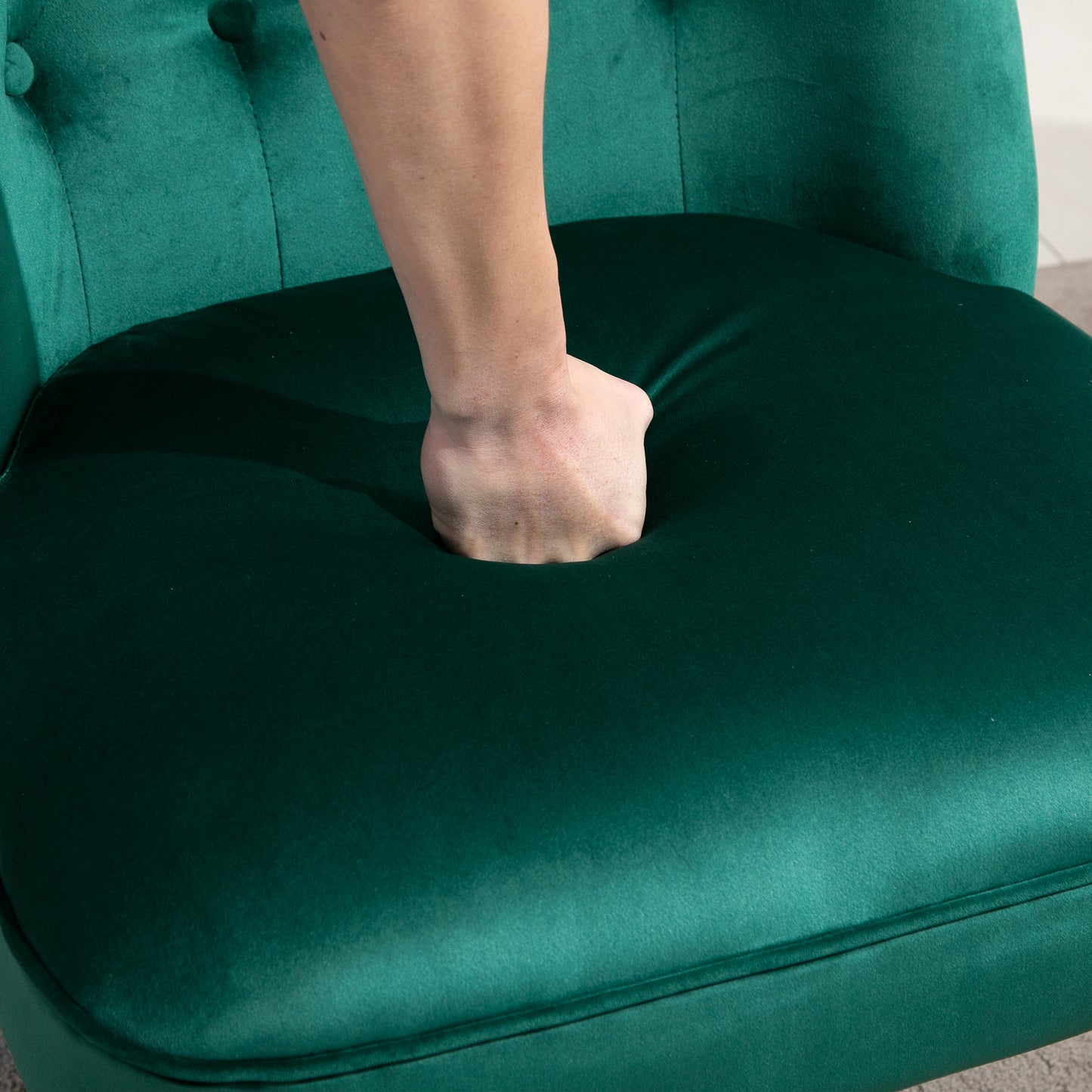 Velvet Accent Chair Tufted Wingback Chair w/ Rubber Wood Legs Dark Green