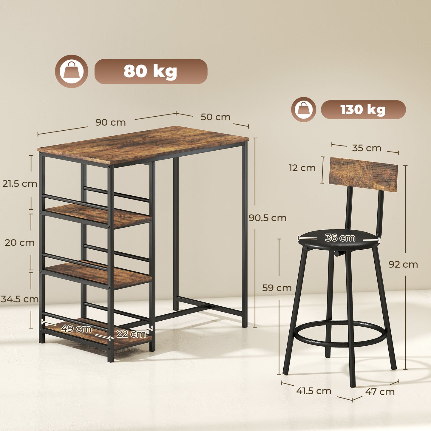 3 Piece Breakfast Bar Table Set, Space Saving Bar Table and PU Leather Stools for 2, Dining Table Set with Storage Shelves, Rustic Brown