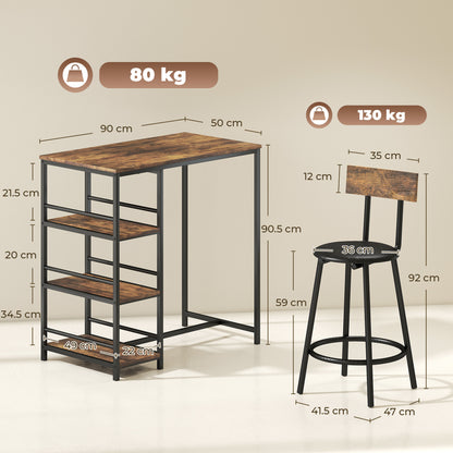 3 Piece Breakfast Bar Table Set, Space Saving Bar Table and PU Leather Stools for 2, Dining Table Set with Storage Shelves, Rustic Brown