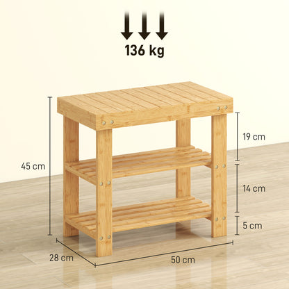 3-Tier Bamboo Shoe Bench with 2 Shelves for Entryway, Wood Finish
