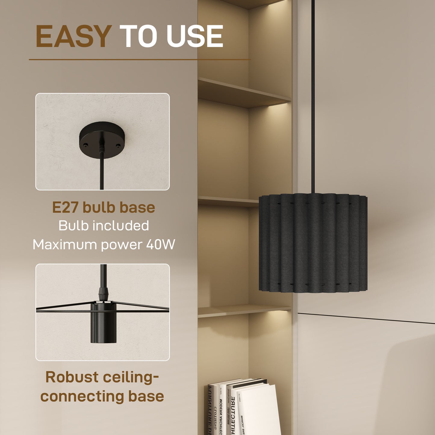 Linen Pendant Light, E27 Lampshade for Living Room, Bedroom, Black
