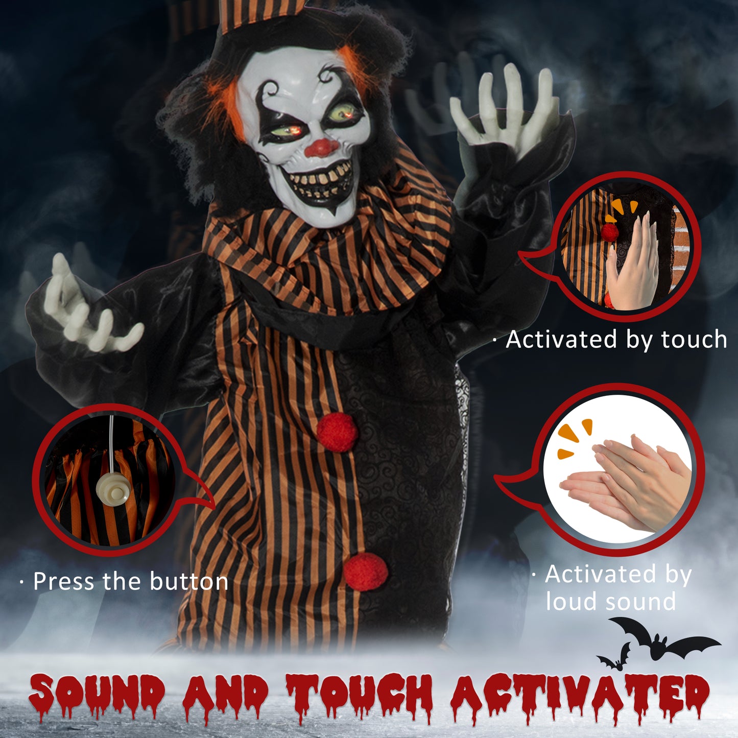 67" Animated Prop Circus Clown, Indoor Outdoor Halloween Decorations