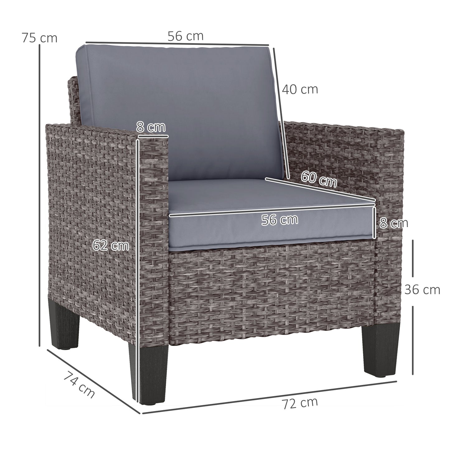 Single Rattan Chair, Garden Armchair with Cushions, Dark Grey