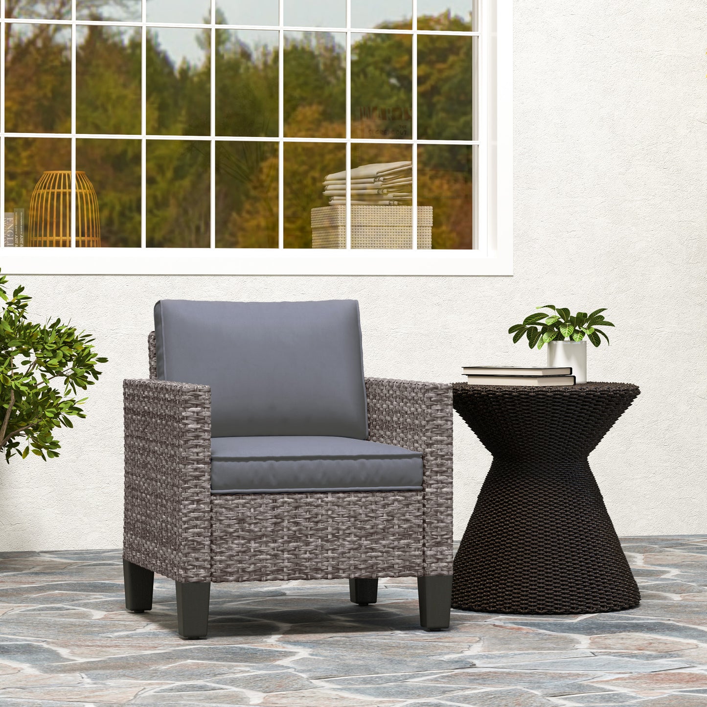 Single Rattan Chair, Garden Armchair with Cushions, Dark Grey