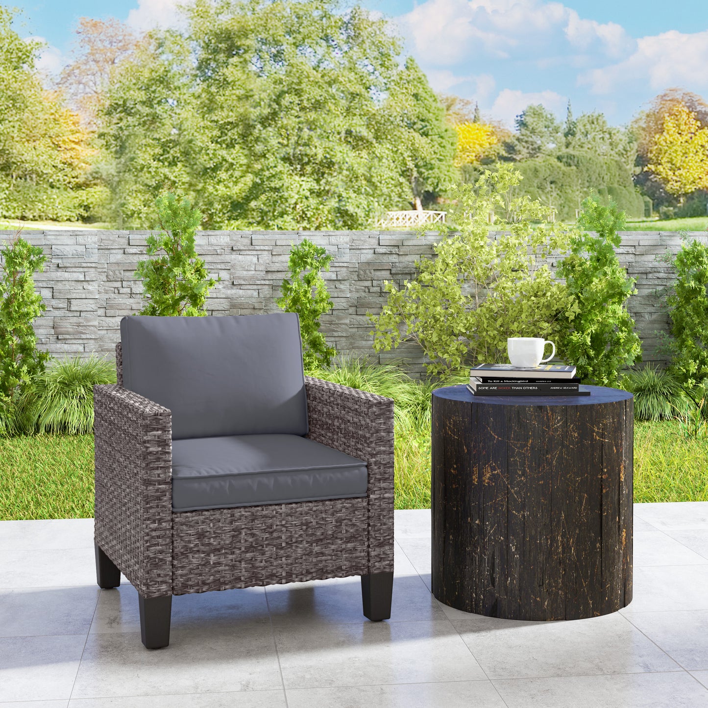 Single Rattan Chair, Garden Armchair with Cushions, Dark Grey