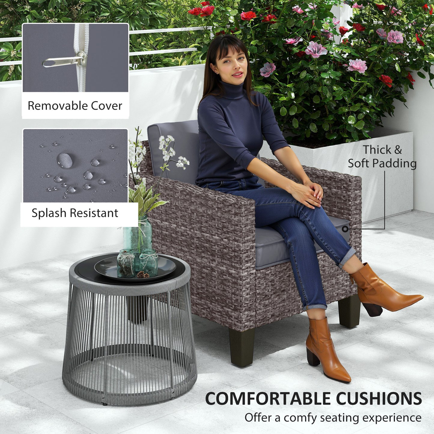 Single Rattan Chair, Garden Armchair with Cushions, Dark Grey