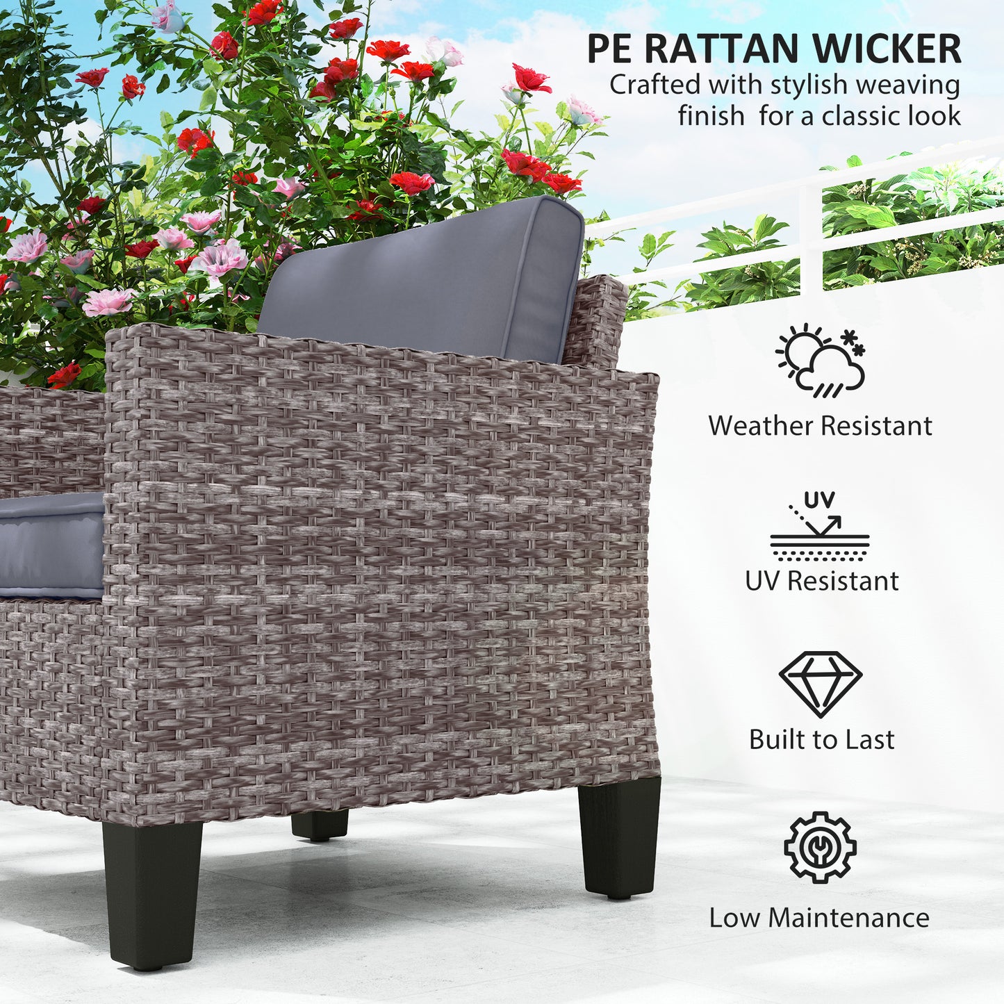 Single Rattan Chair, Garden Armchair with Cushions, Dark Grey