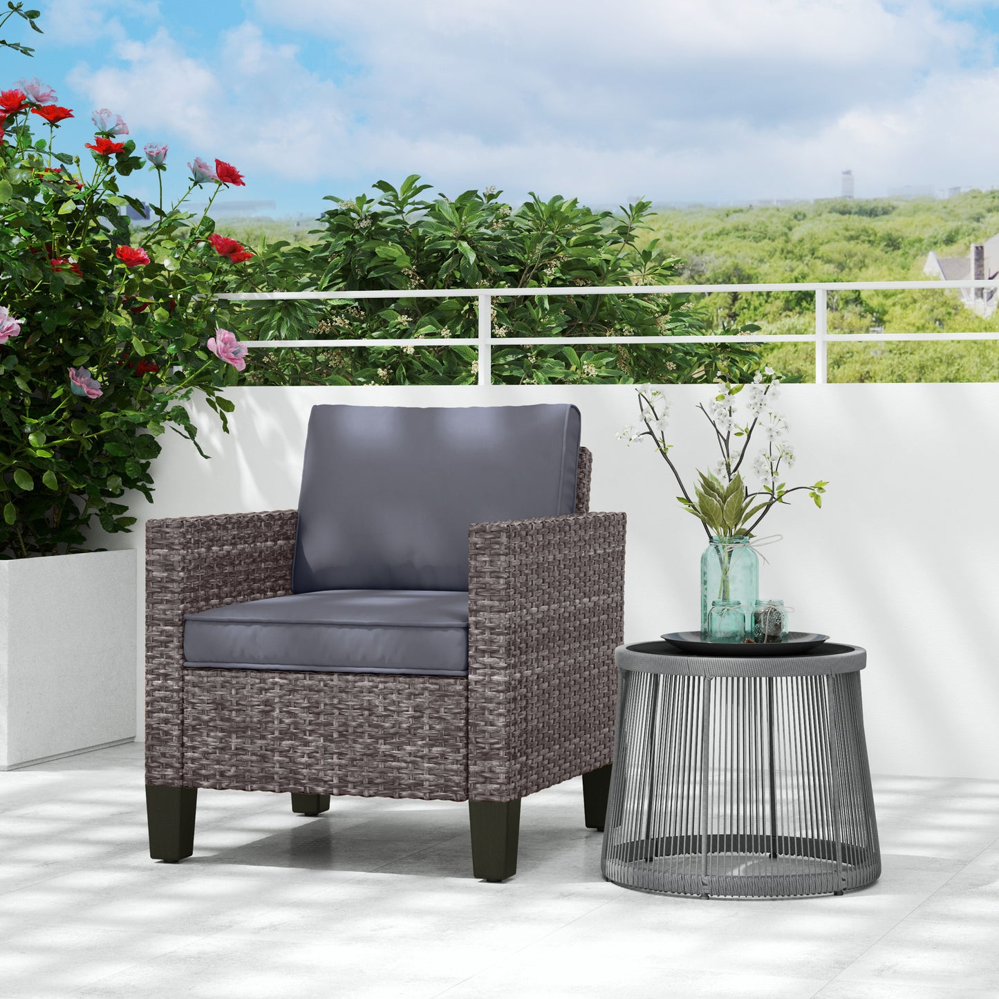 Single Rattan Chair, Garden Armchair with Cushions, Dark Grey