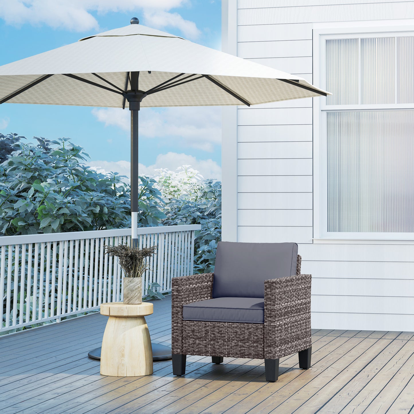 Single Rattan Chair, Garden Armchair with Cushions, Dark Grey