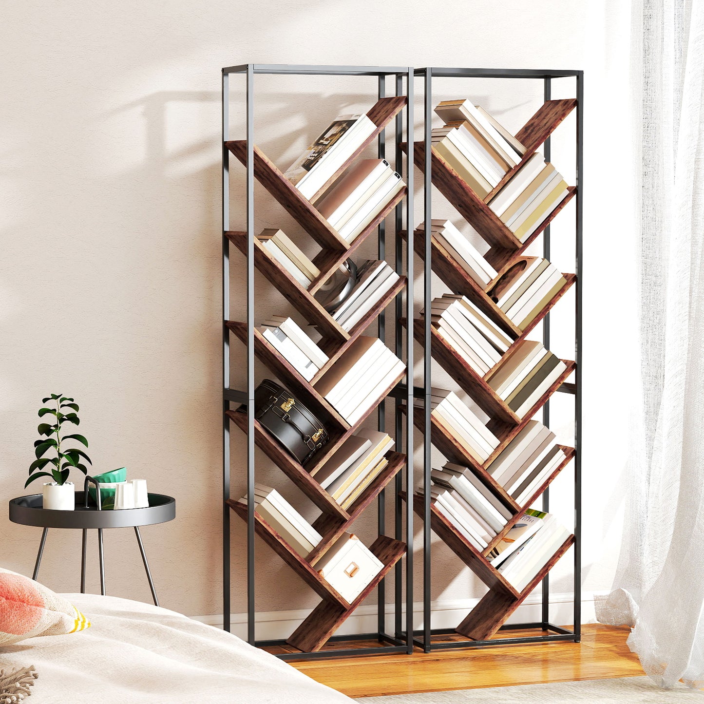 10 Tier Tree Bookshelf Industrial Tall Bookcase Rustic Brown Black