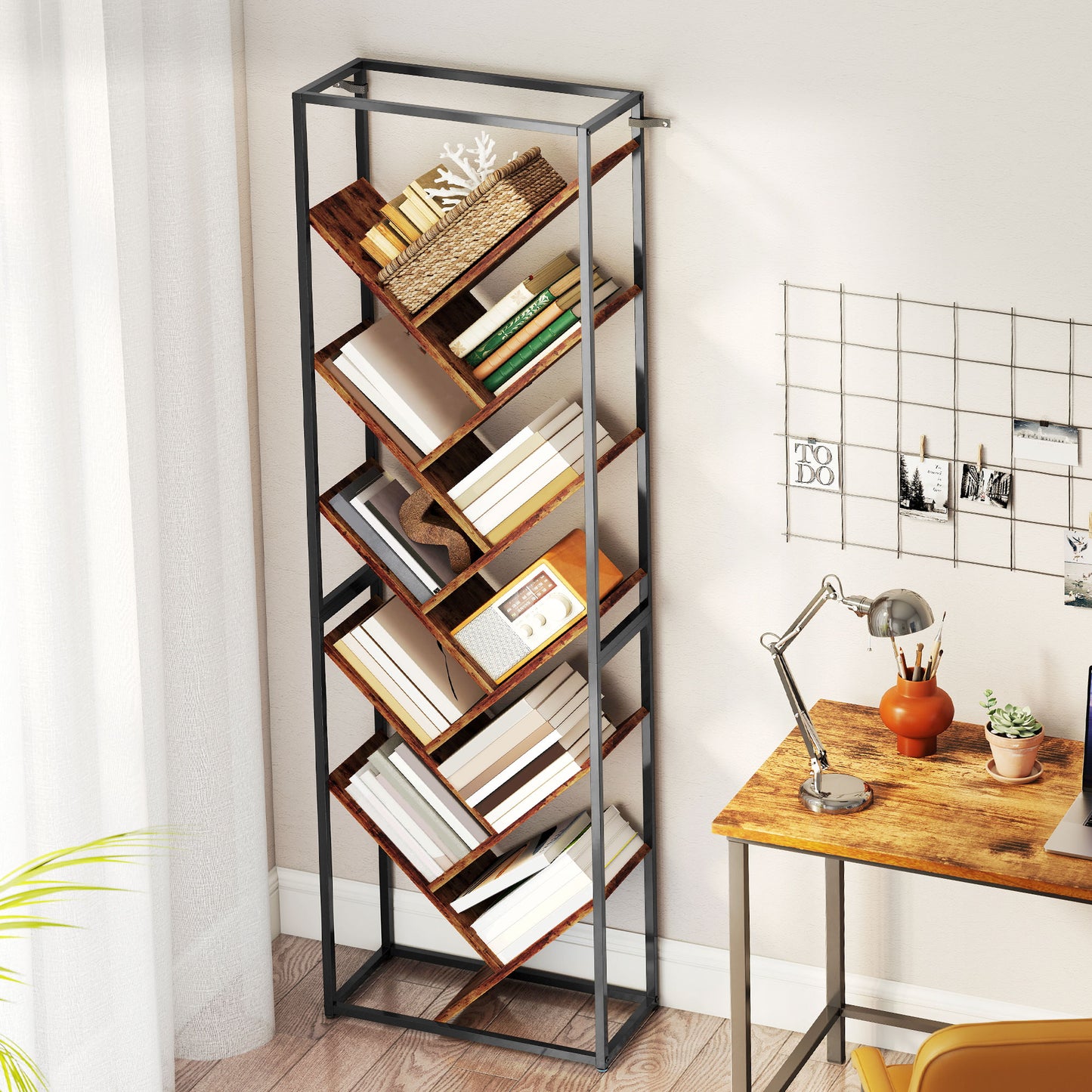 10 Tier Tree Bookshelf Industrial Tall Bookcase Rustic Brown Black