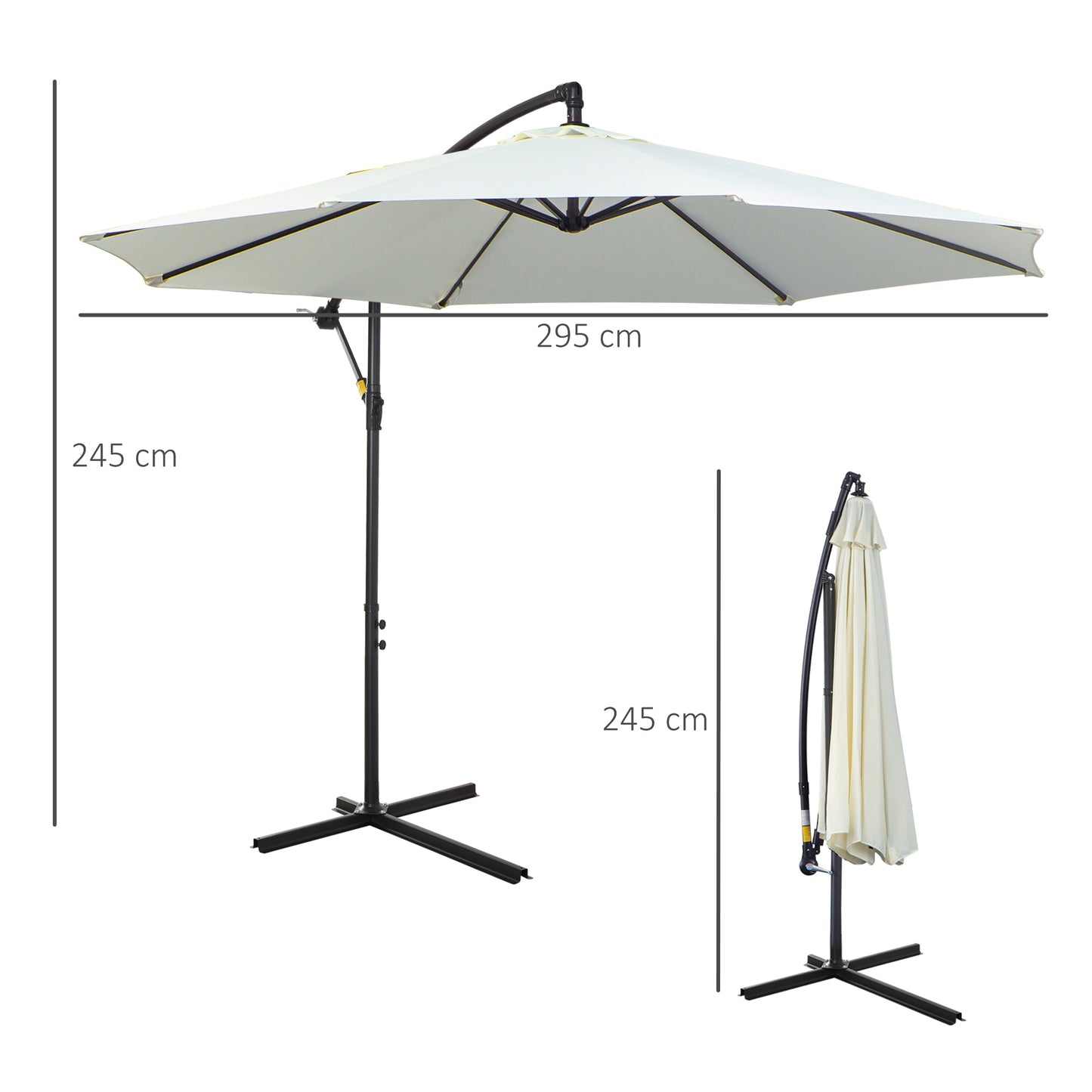 3(m) Garden Banana Parasol Hanging Cantilever Umbrella with Crank Handle, 8 Ribs and Cross Base for Outdoor, Sun Shade, Cream White