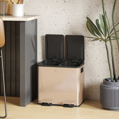 2 x 15L Dual Kitchen Bin Pedal Bin for Recycling and Waste, Gold Tone