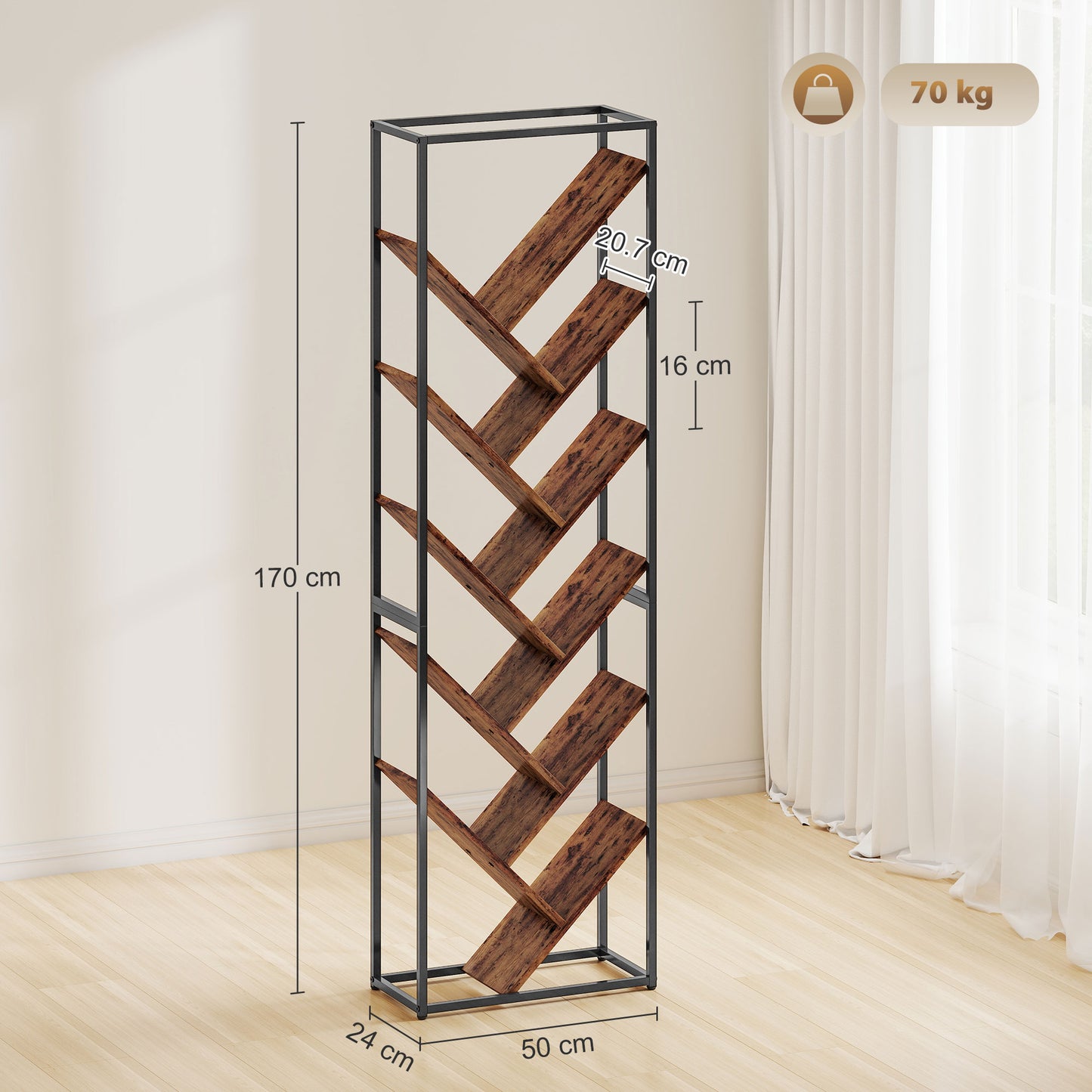 10 Tier Tree Bookshelf Industrial Tall Bookcase Rustic Brown Black