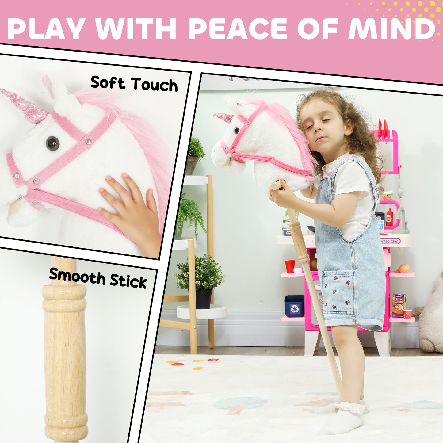 Stick Horse w/ Wood Wheels, Pony Neighing, Galloping Sounds White