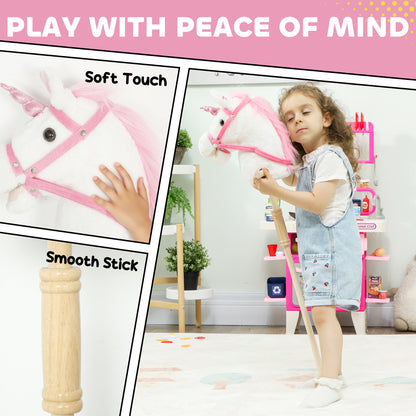 Stick Horse w/ Wood Wheels, Pony Neighing, Galloping Sounds White