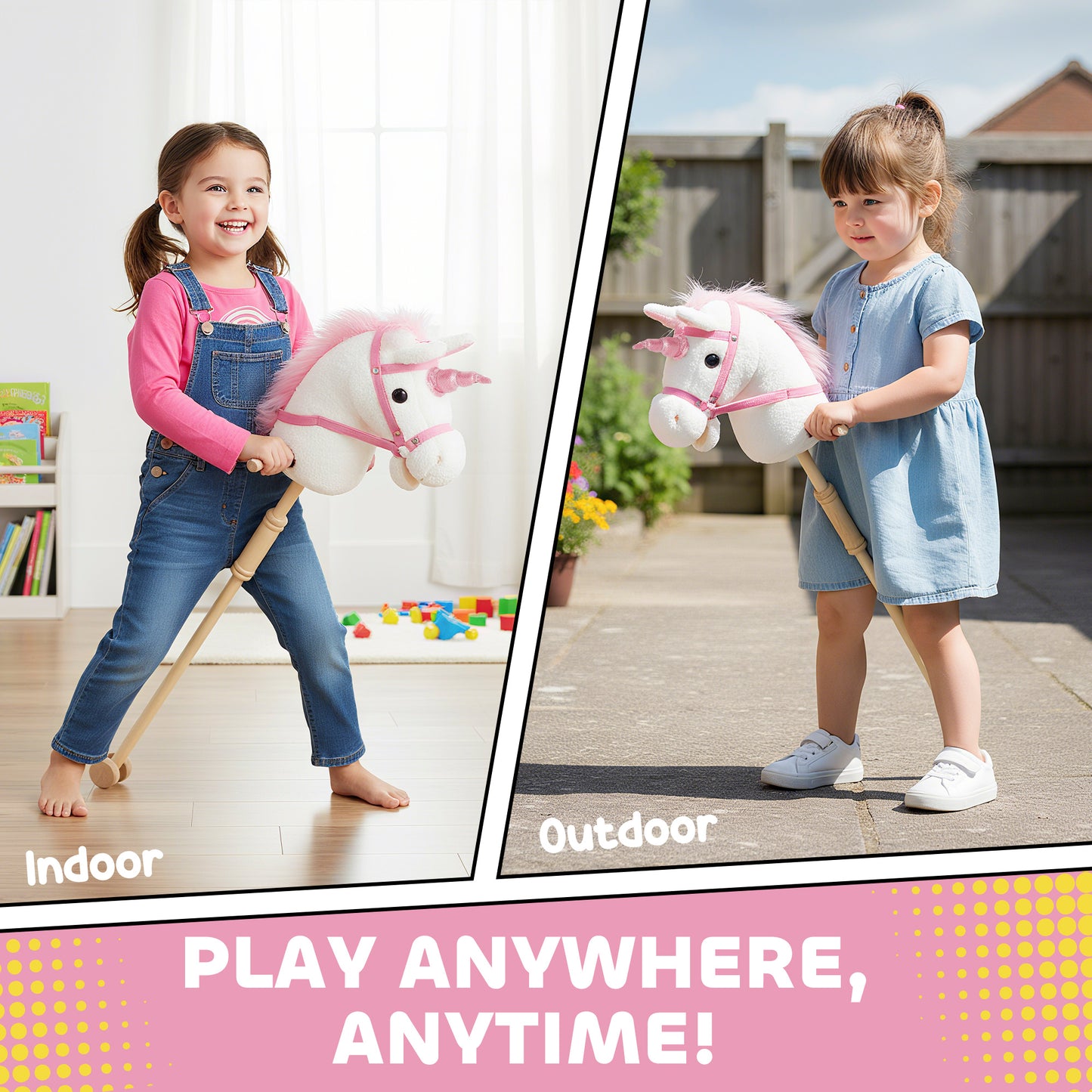 Stick Horse w/ Wood Wheels, Pony Neighing, Galloping Sounds White
