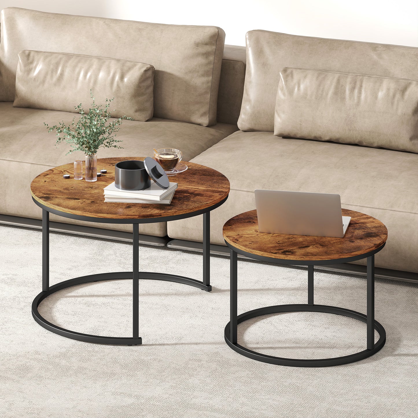 Marble Coffee Table Set of 2, Round Nest of Tables, Rustic Brown