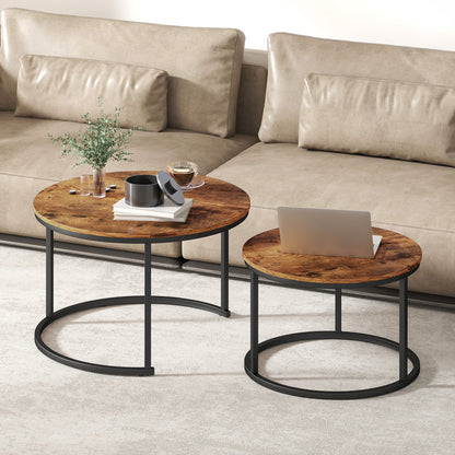 Marble Coffee Table Set of 2, Round Nest of Tables, Rustic Brown